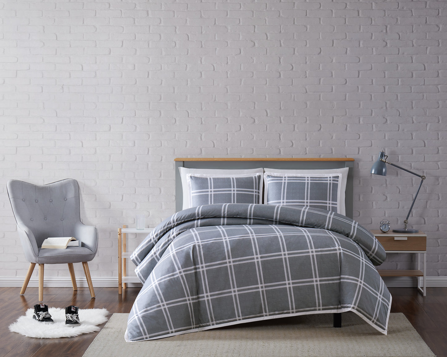 Truly Soft Leon Plaid Grey Full/Queen 3-Piece Duvet Cover Set
