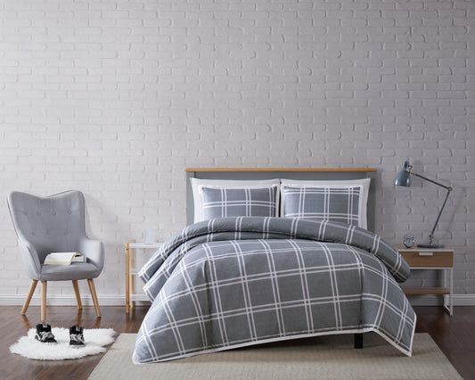 Truly Soft Leon Plaid Grey Full/Queen 3-Piece Duvet Cover Set