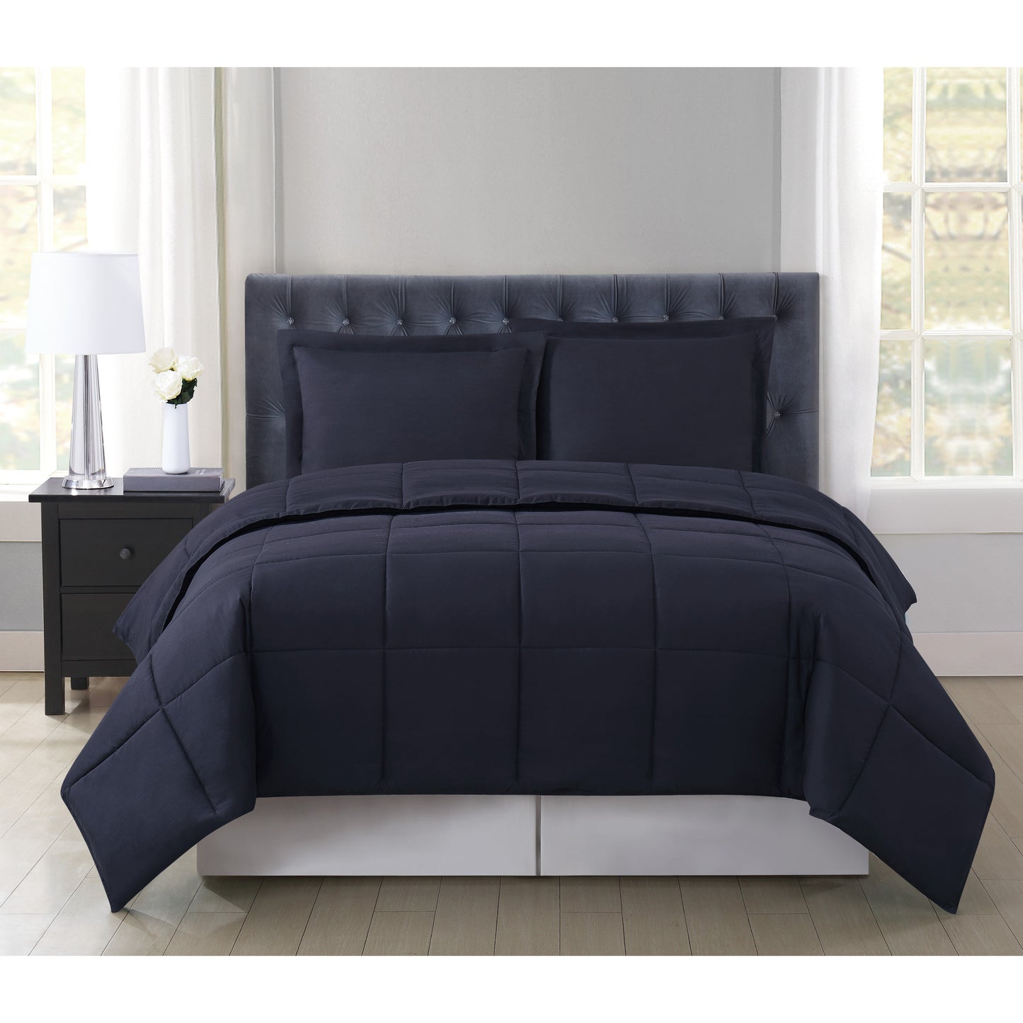 Truly Soft Everyday Basic Solid Reversible Comforter Set Front View Room Black