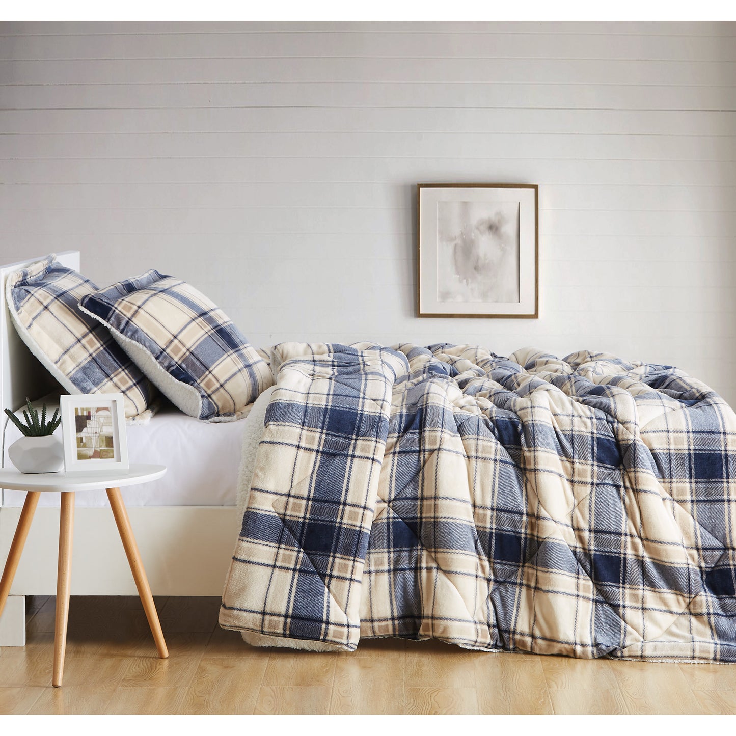 Truly Soft Cuddle Warmth Comforter Set Plush Sherpa Room Plaid Taupe Cream Navy Blue Side View