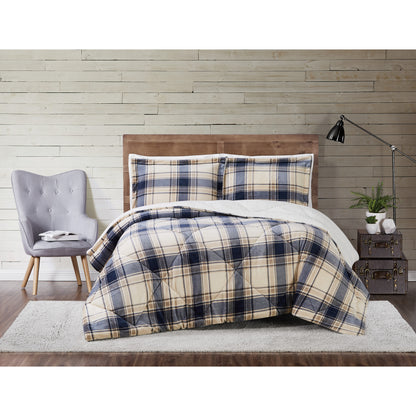 Truly Soft Cuddle Warmth Comforter Set Plush Sherpa Room Plaid Taupe Cream Navy Blue
