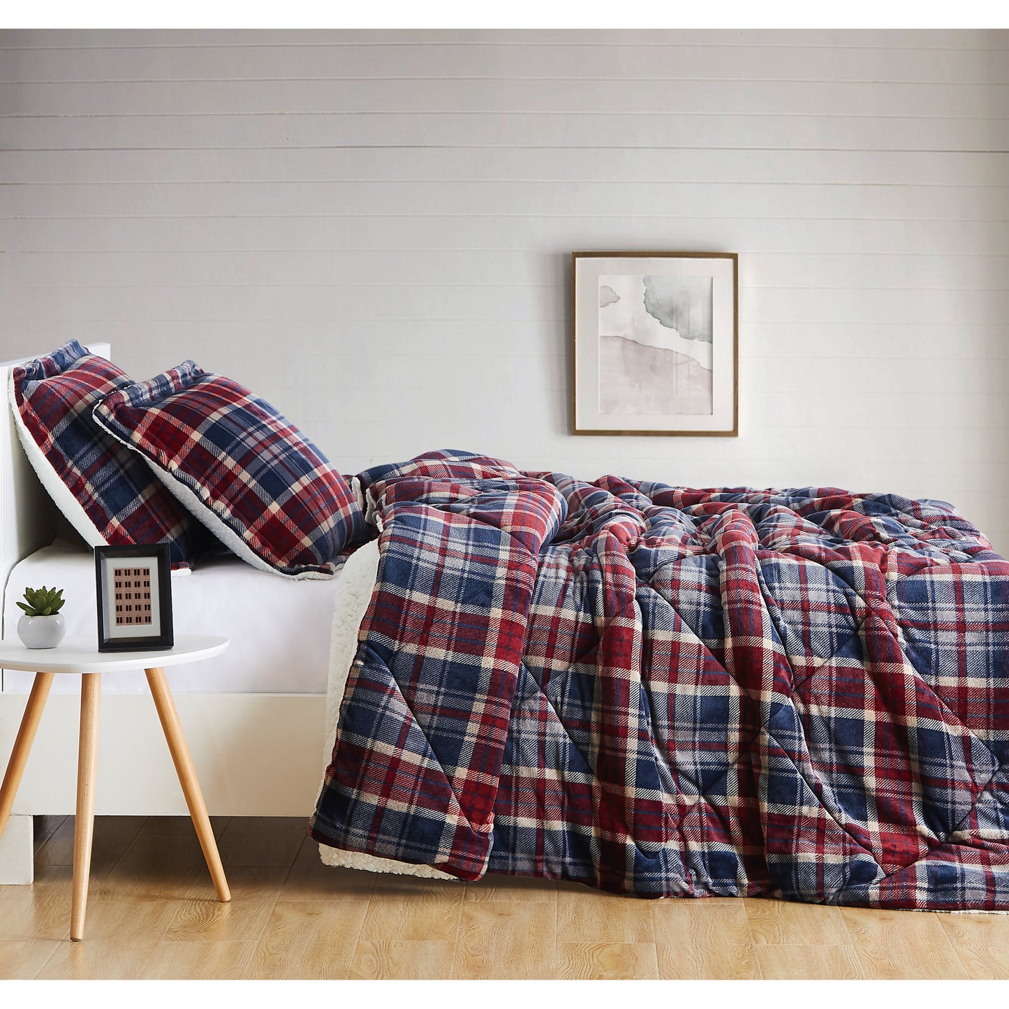 Truly Soft Cuddle Warmth Comforter Set Plush Sherpa Room Plaid Red Navy Blue Side View