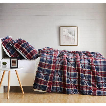 Truly Soft Cuddle Warmth Comforter Set Plush Sherpa Room Plaid Red Navy Blue Side View