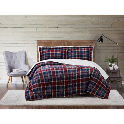 Truly Soft Cuddle Warmth Comforter Set Plush Sherpa Room Plaid Red Navy Blue