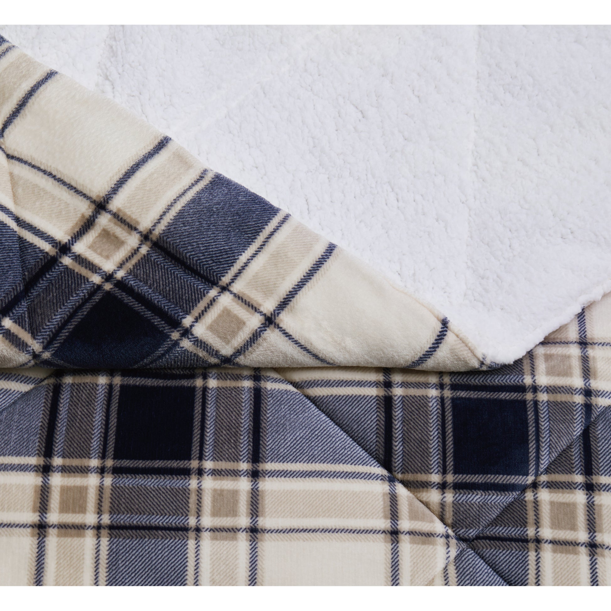 Truly Soft Cuddle Warmth Comforter Set Plush Sherpa Closeup Detail Plaid Taupe Cream Navy Blue