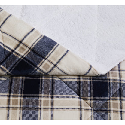 Truly Soft Cuddle Warmth Comforter Set Plush Sherpa Closeup Detail Plaid Taupe Cream Navy Blue