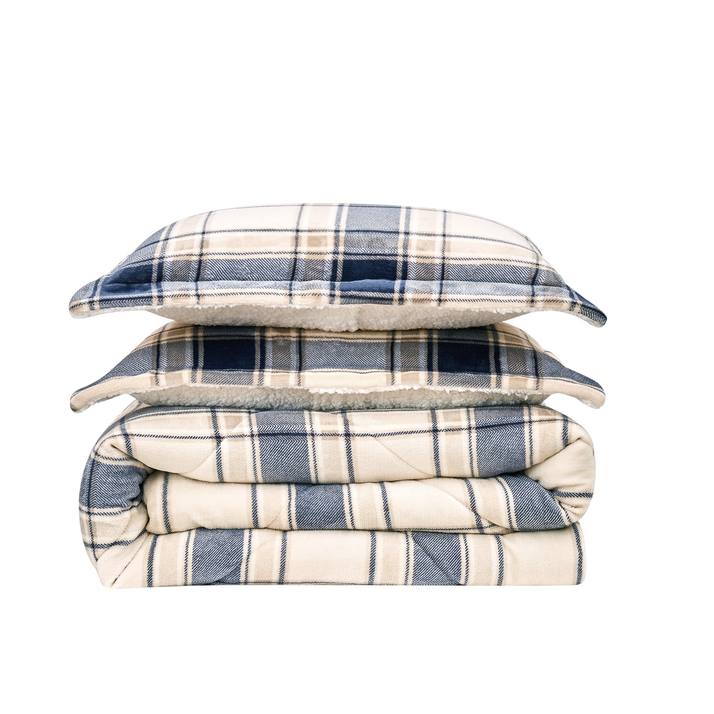 Truly Soft Cuddle Warmth Comforter Set Plush Sherpa Folded Silo Plaid Taupe Cream Navy Blue