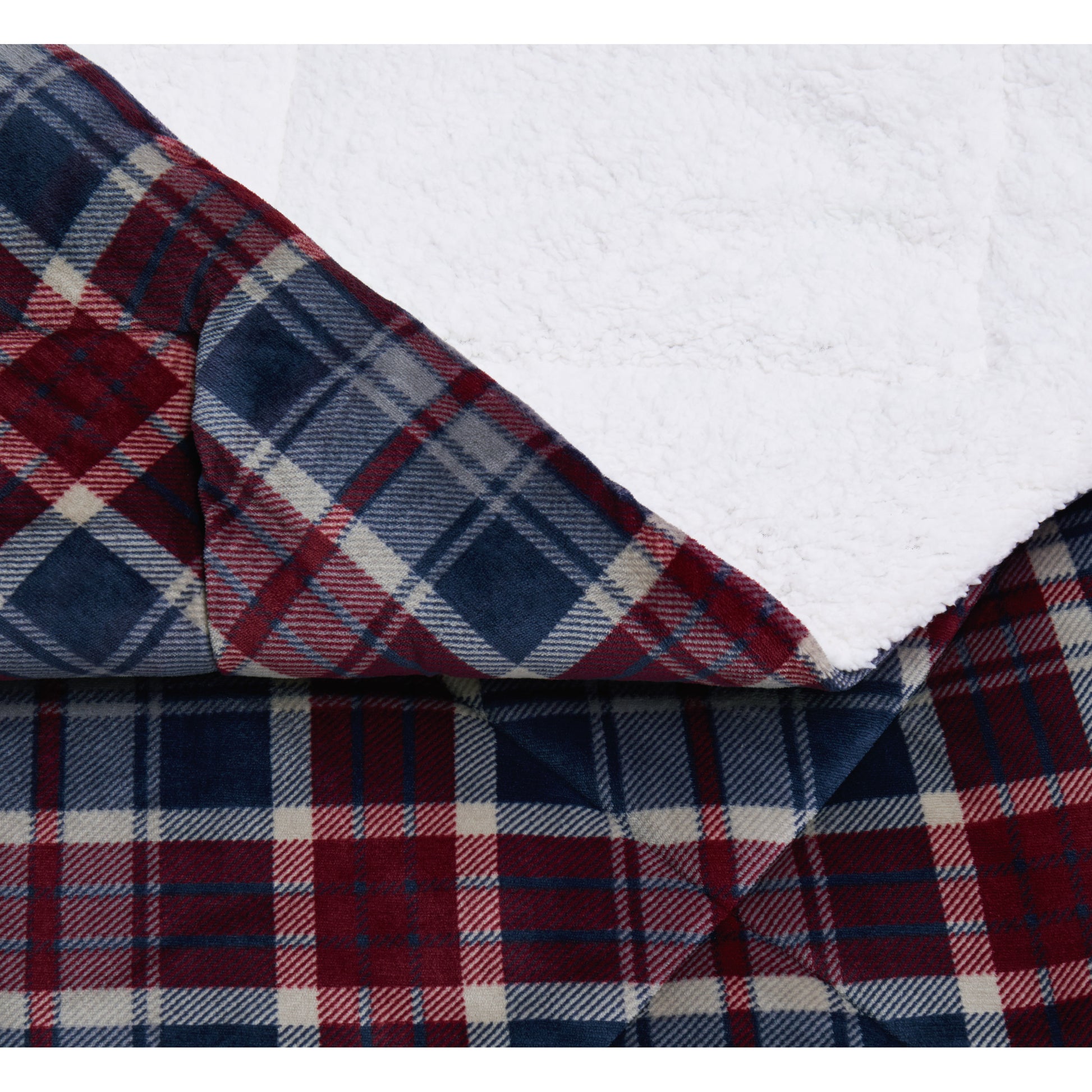 Truly Soft Cuddle Warmth Comforter Set Plush Sherpa Closeup Detail Plaid Red Navy Blue