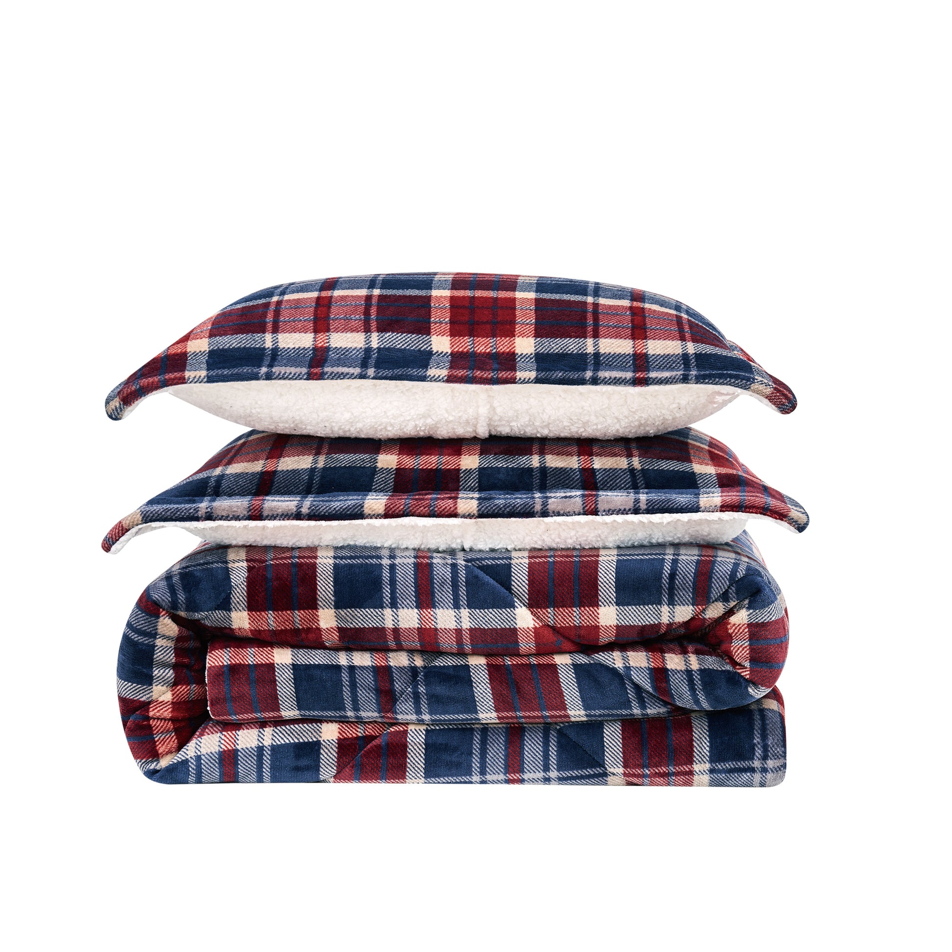 Truly Soft Cuddle Warmth Comforter Set Plush Sherpa Folded Silo Plaid Red Navy Blue
