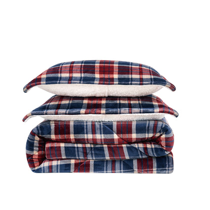 Truly Soft Cuddle Warmth Comforter Set Plush Sherpa Folded Silo Plaid Red Navy Blue