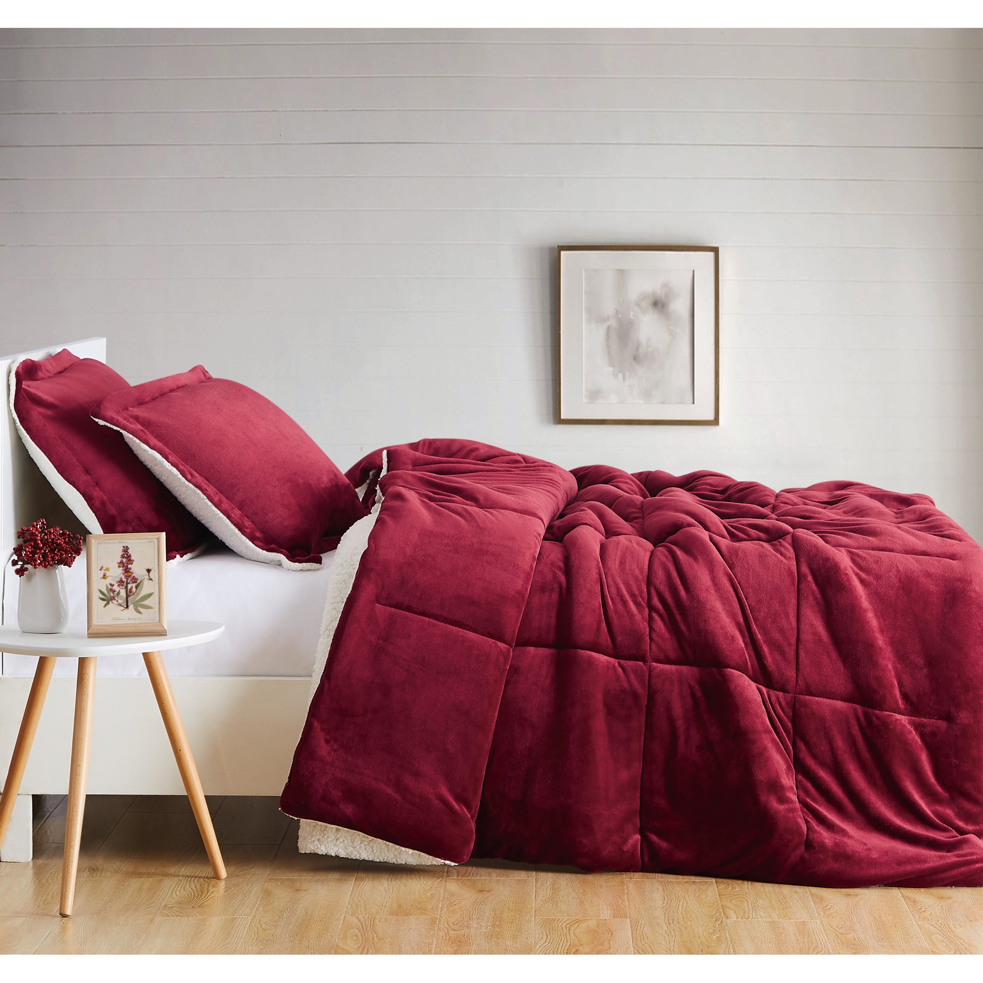 Truly Soft Cuddle Warmth Comforter Set Plush Sherpa Room Solid Cabernet Red Side View