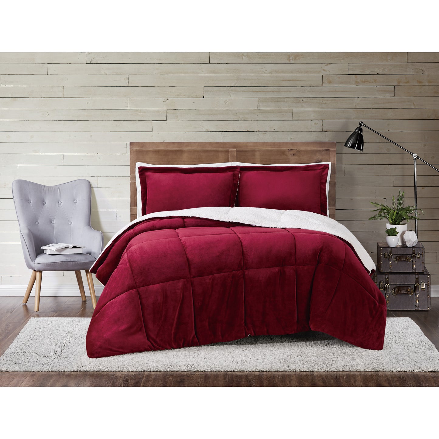 Truly Soft Cuddle Warmth Comforter Set Plush Sherpa Room Solid Cabernet Red