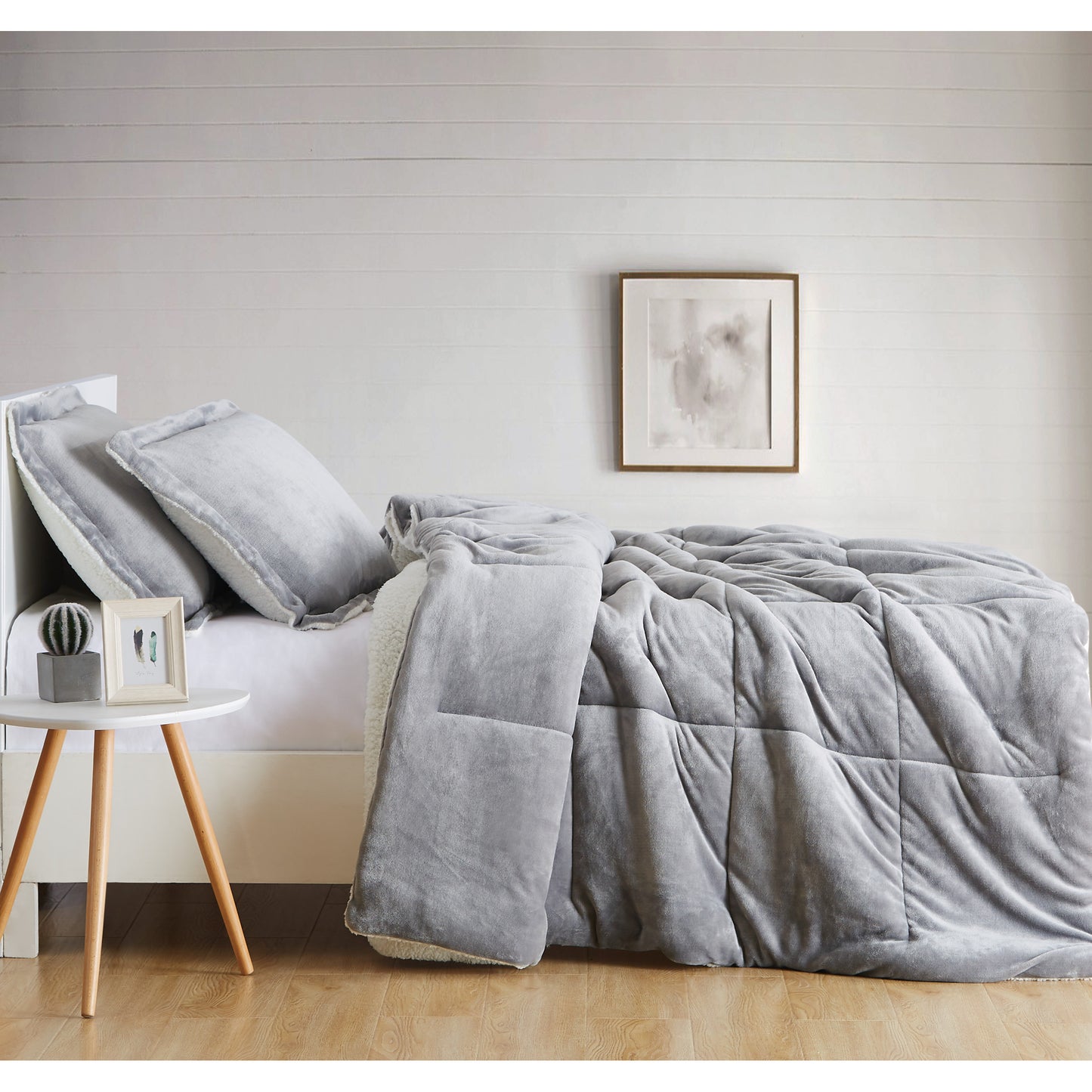Truly Soft Cuddle Warmth Comforter Set Plush Sherpa Room Solid Grey Gray Side View