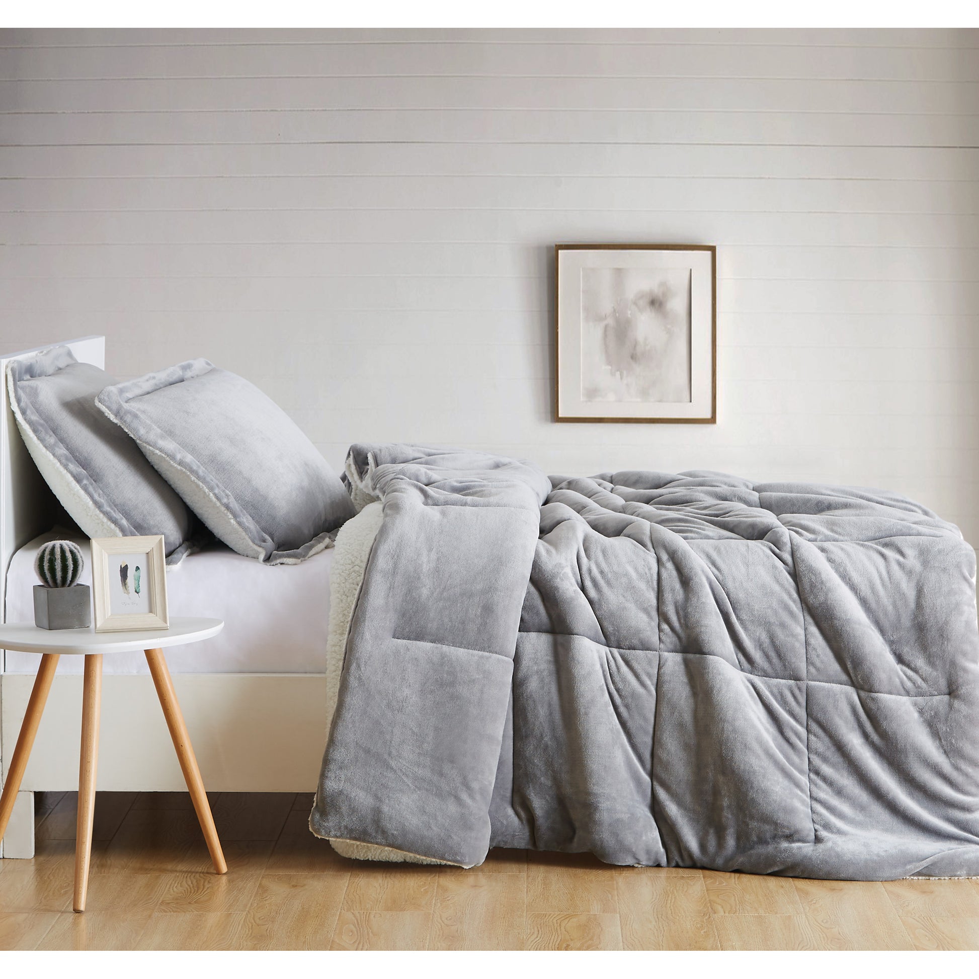 Truly Soft Cuddle Warmth Comforter Set Plush Sherpa Room Solid Grey Gray Side View