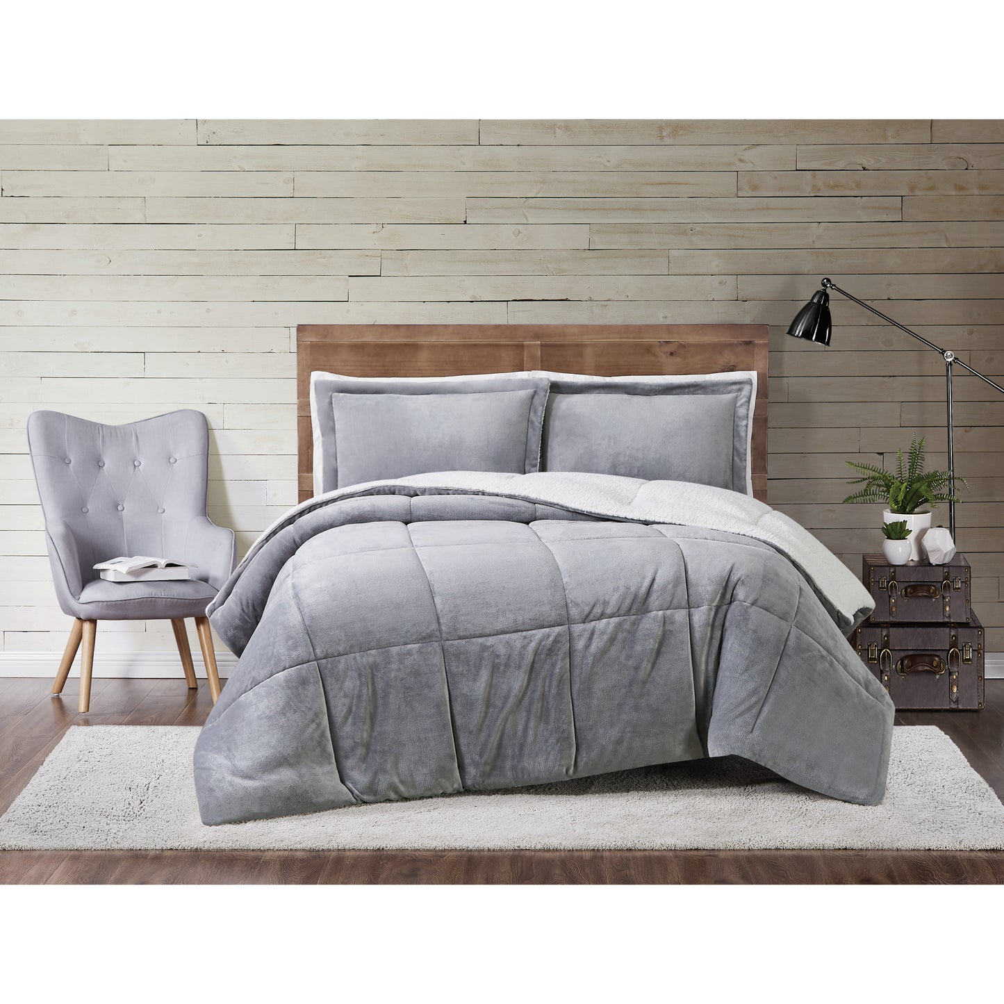 Truly Soft Cuddle Warmth Comforter Set Plush Sherpa Room Solid Grey Gray