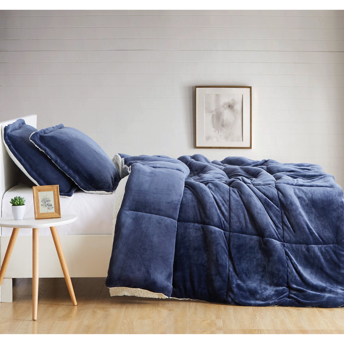 Truly Soft Cuddle Warmth Comforter Set Plush Sherpa Room Solid Navy Blue Side View