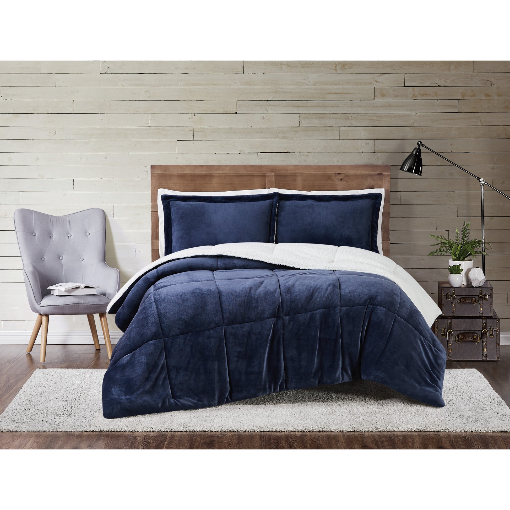 Truly Soft Cuddle Warmth Comforter Set Plush Sherpa Room Solid Navy Blue