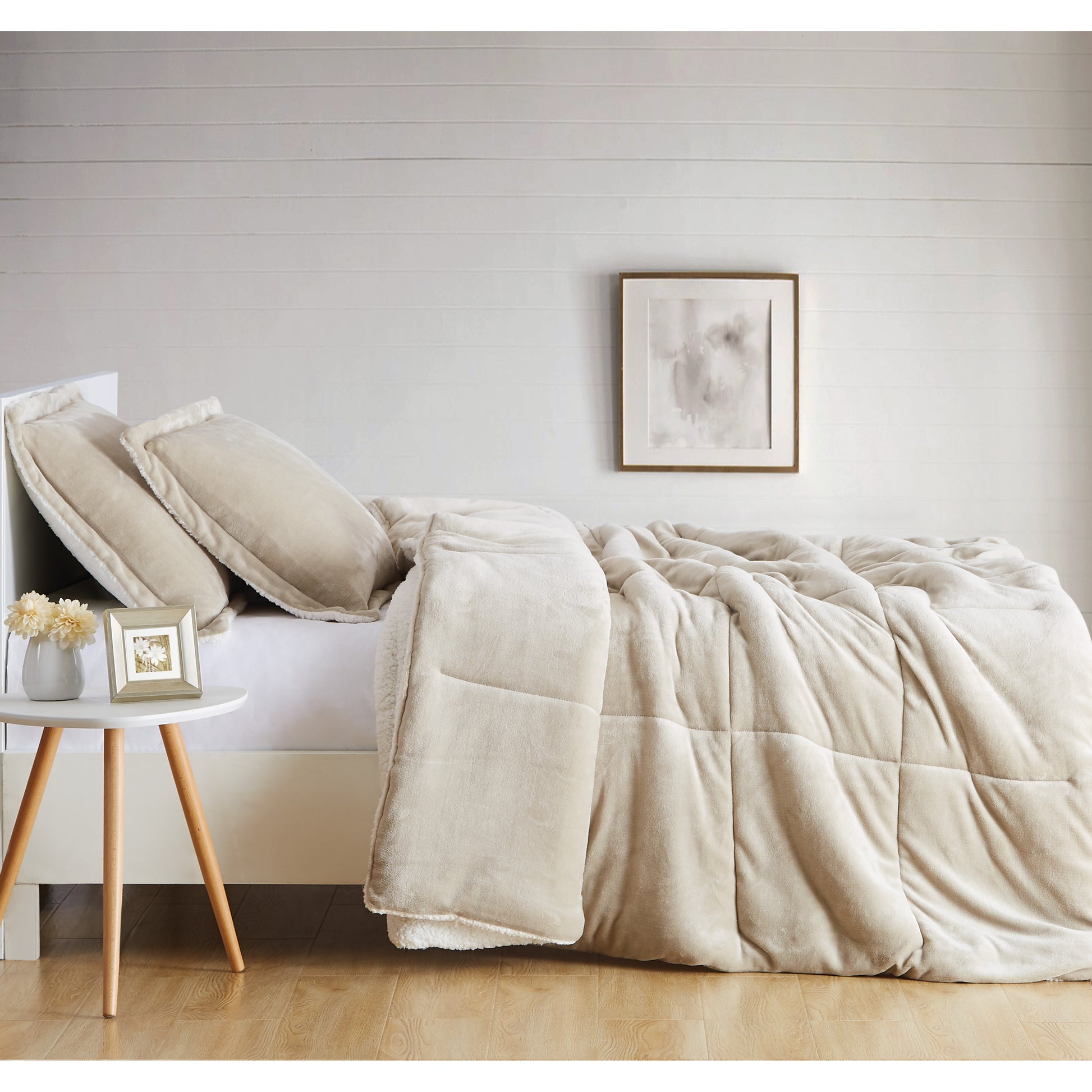 Truly Soft Cuddle Warmth Comforter Set Plush Sherpa Room Solid Taupe Tan Khaki Side View