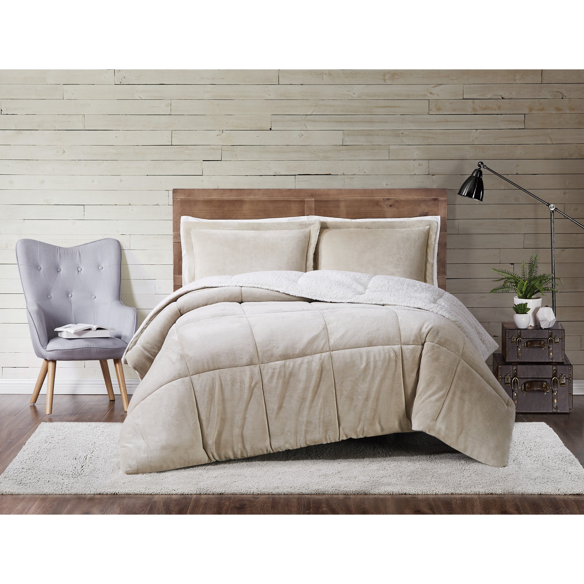Truly Soft Cuddle Warmth Comforter Set Plush Sherpa Room Solid Taupe Tan Khaki