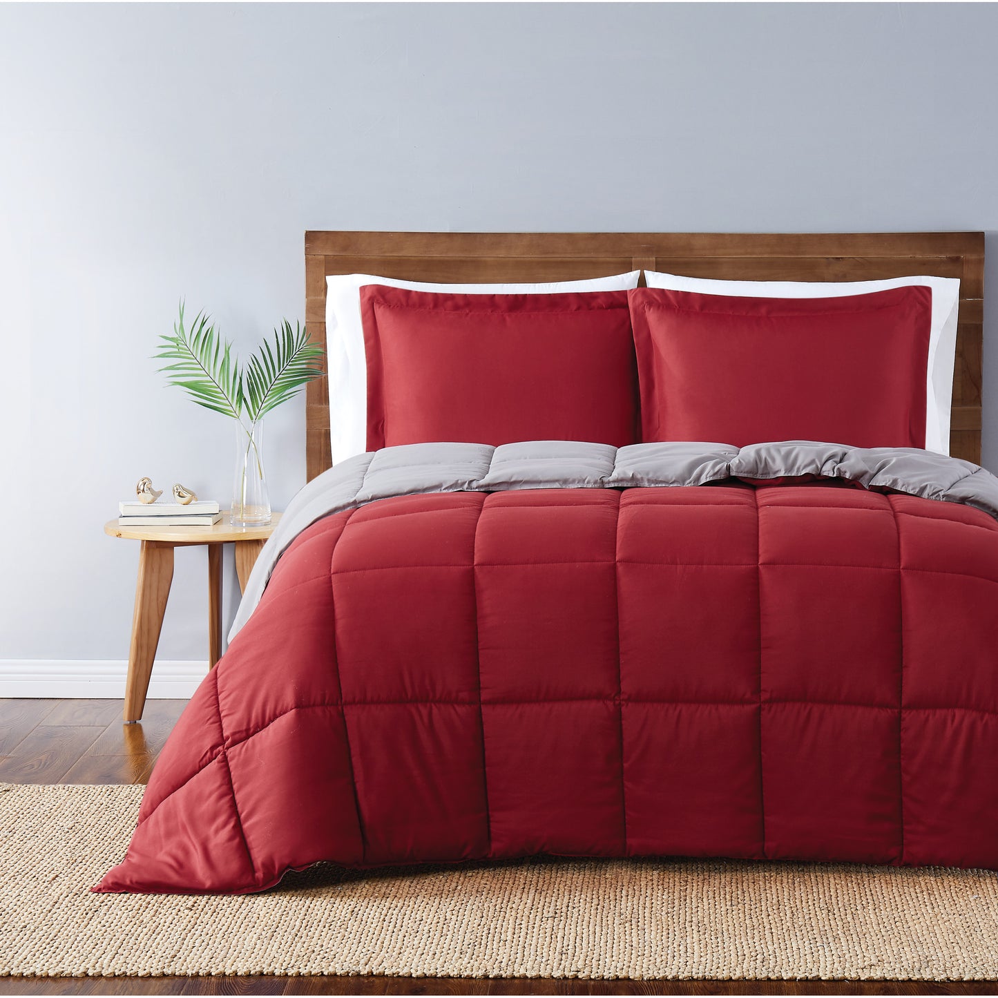 Truly Soft Everyday Reversible Solid Comforter Set Grey Burgundy Red Front View Room