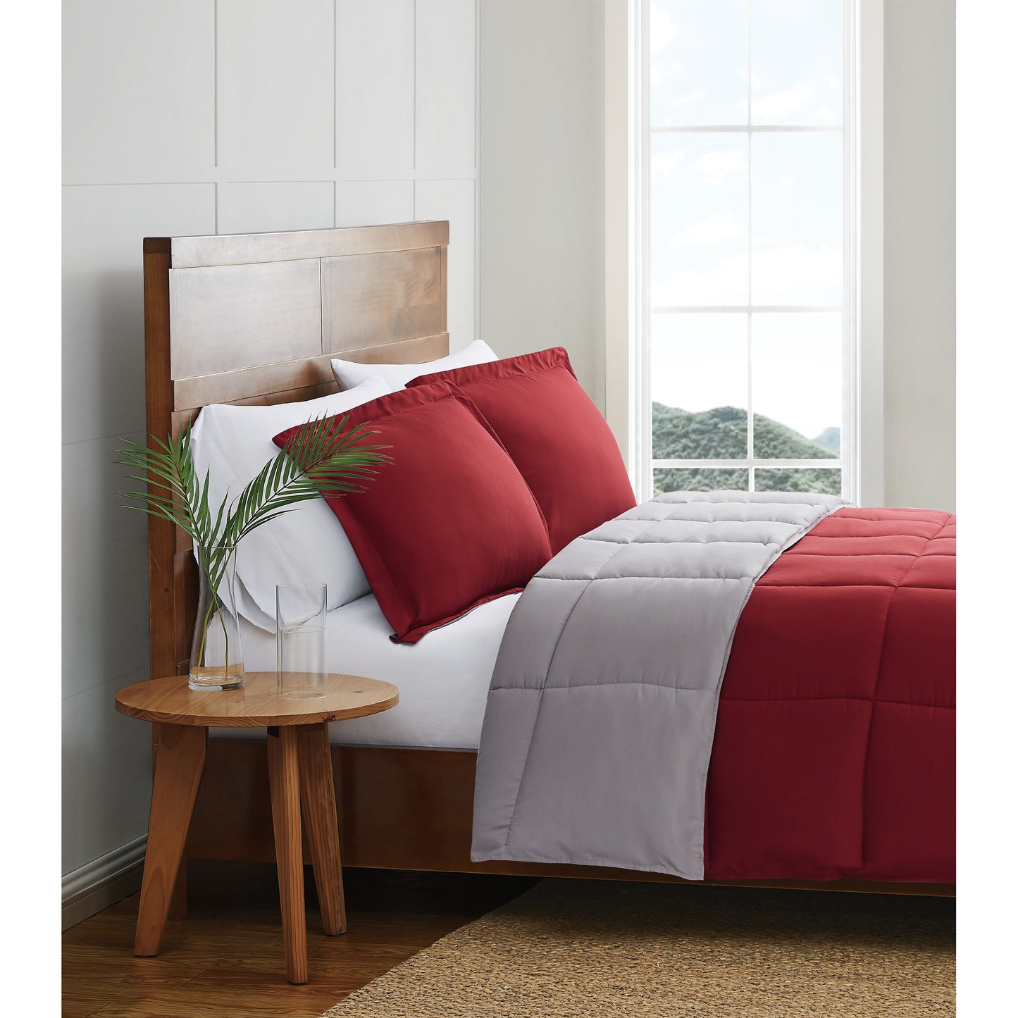 Truly Soft Everyday Reversible Solid Comforter Set Grey Burgundy Red Side View Room