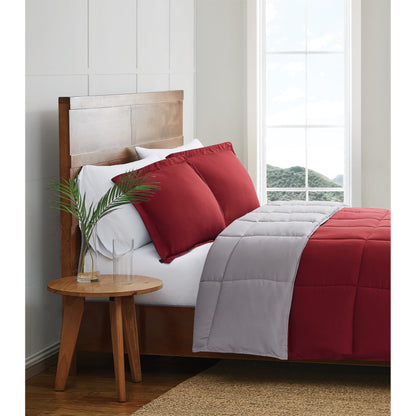 Truly Soft Everyday Reversible Solid Comforter Set Grey Burgundy Red Side View Room