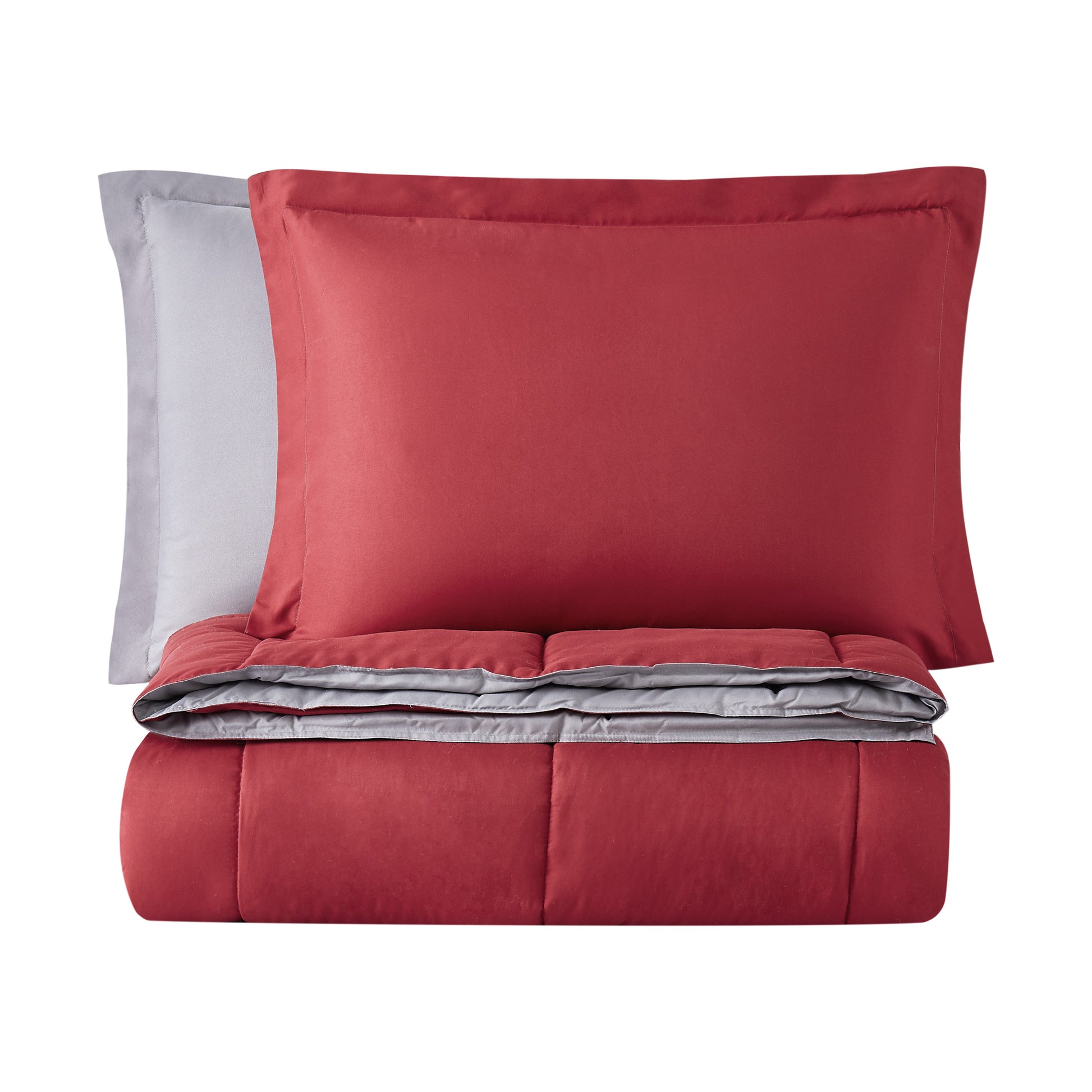 Truly Soft Everyday Reversible Solid Comforter Set Grey Burgundy Red Folded Silo