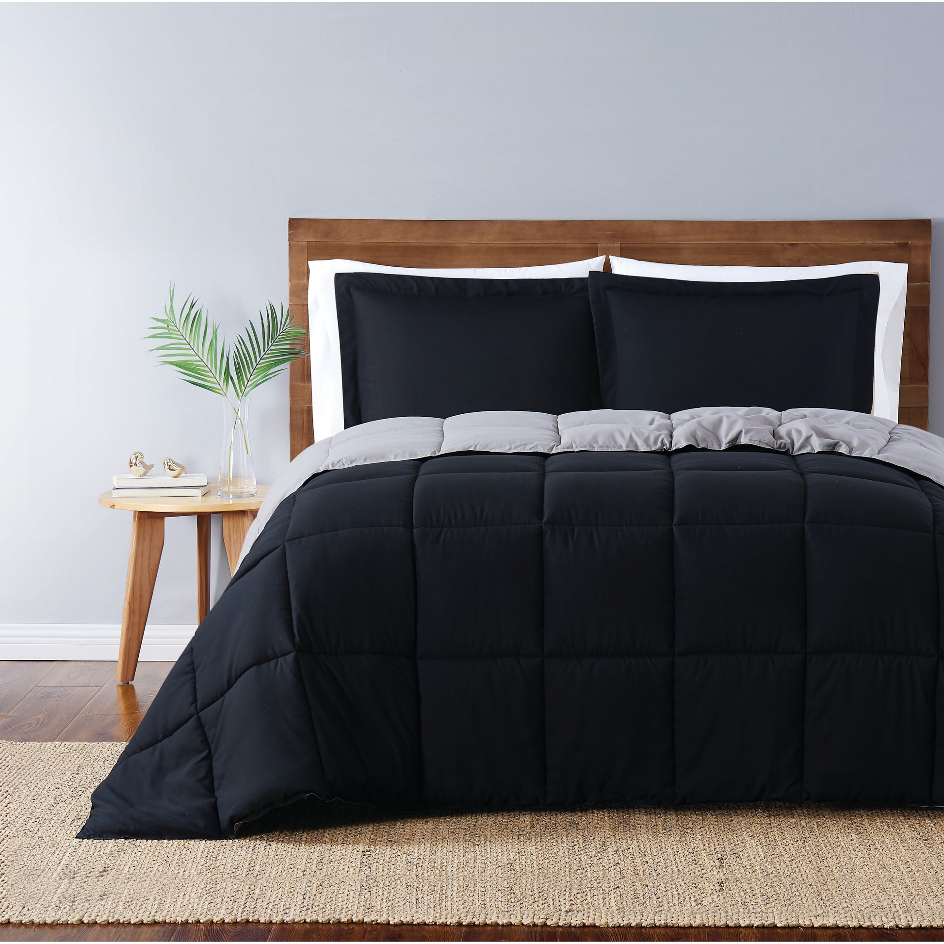 Truly Soft Everyday Reversible Solid Comforter Set Black Grey Front View Room