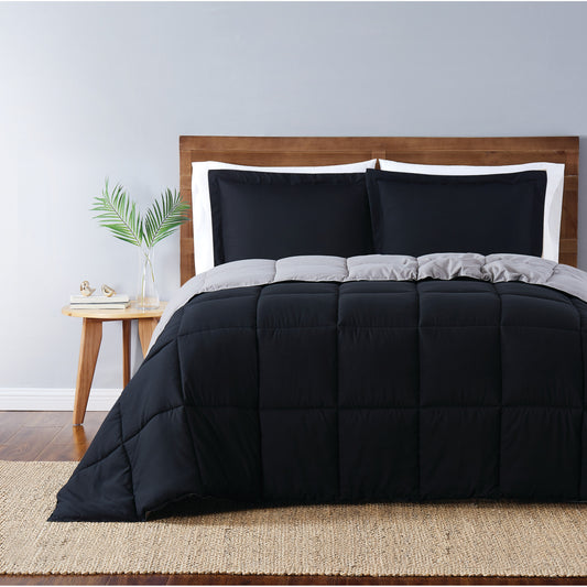 Truly Soft Everyday Reversible Solid Comforter Set Black Grey Front View Room