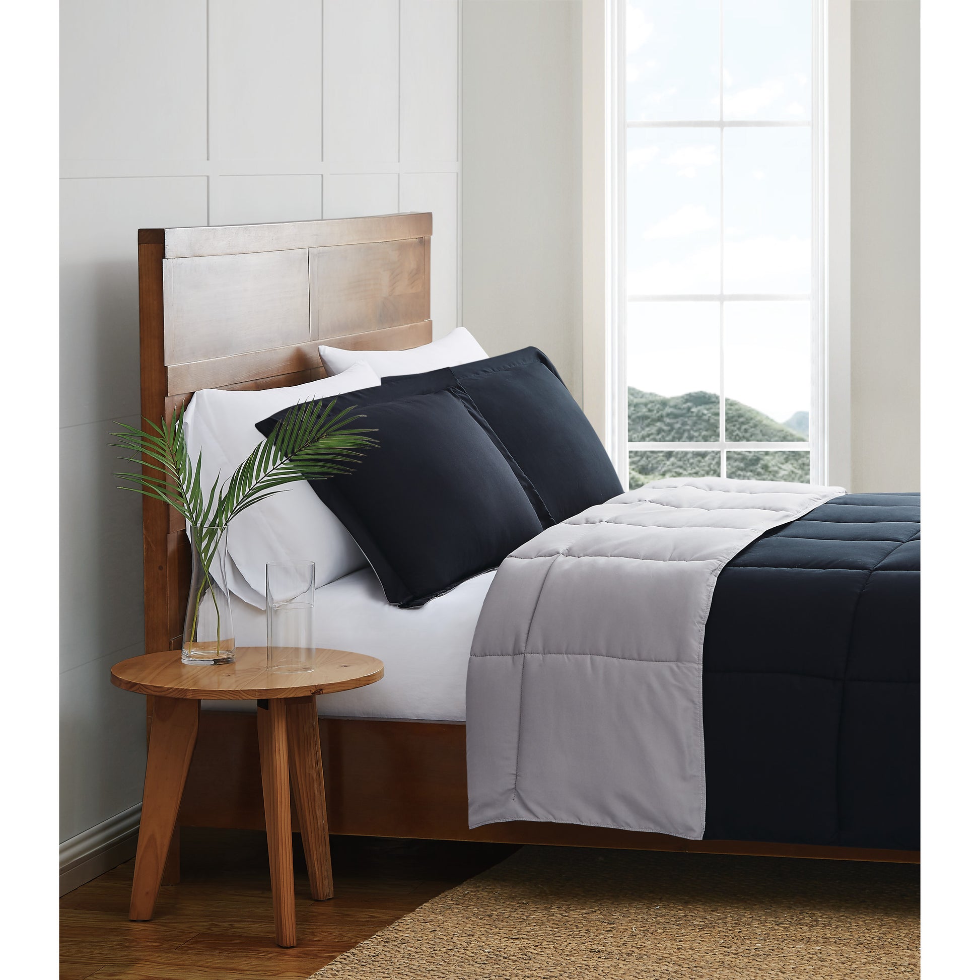 Truly Soft Everyday Reversible Solid Comforter Set Black Grey Side View Room