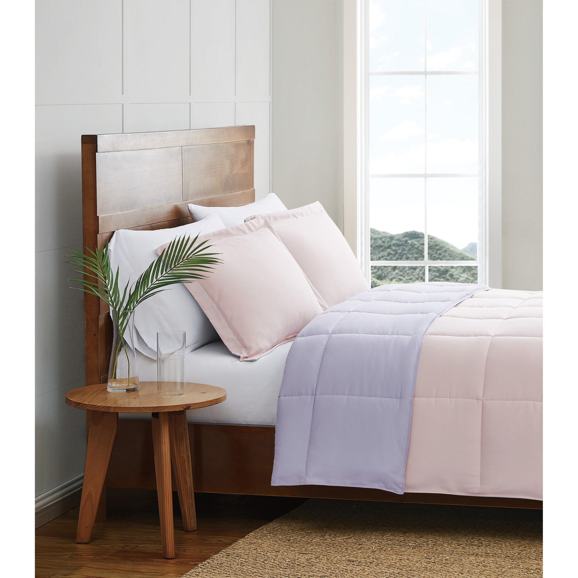 Truly Soft Everyday Reversible Solid Comforter Set Blush Pink Lavender Purple Side View Room