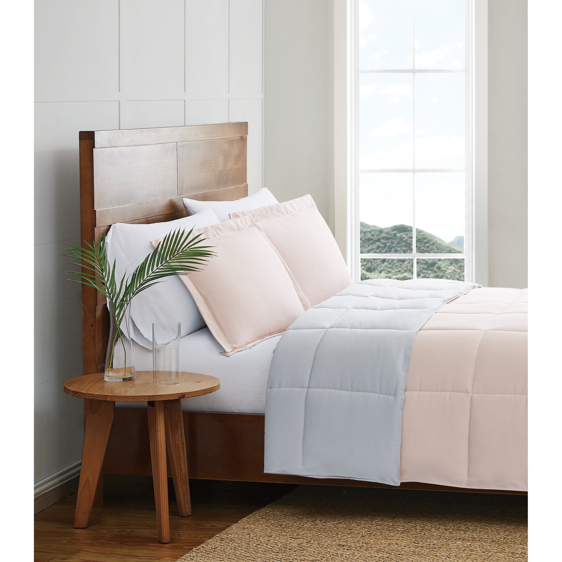 Truly Soft Everyday Reversible Solid Comforter Set Blush Pink Grey Side View Room