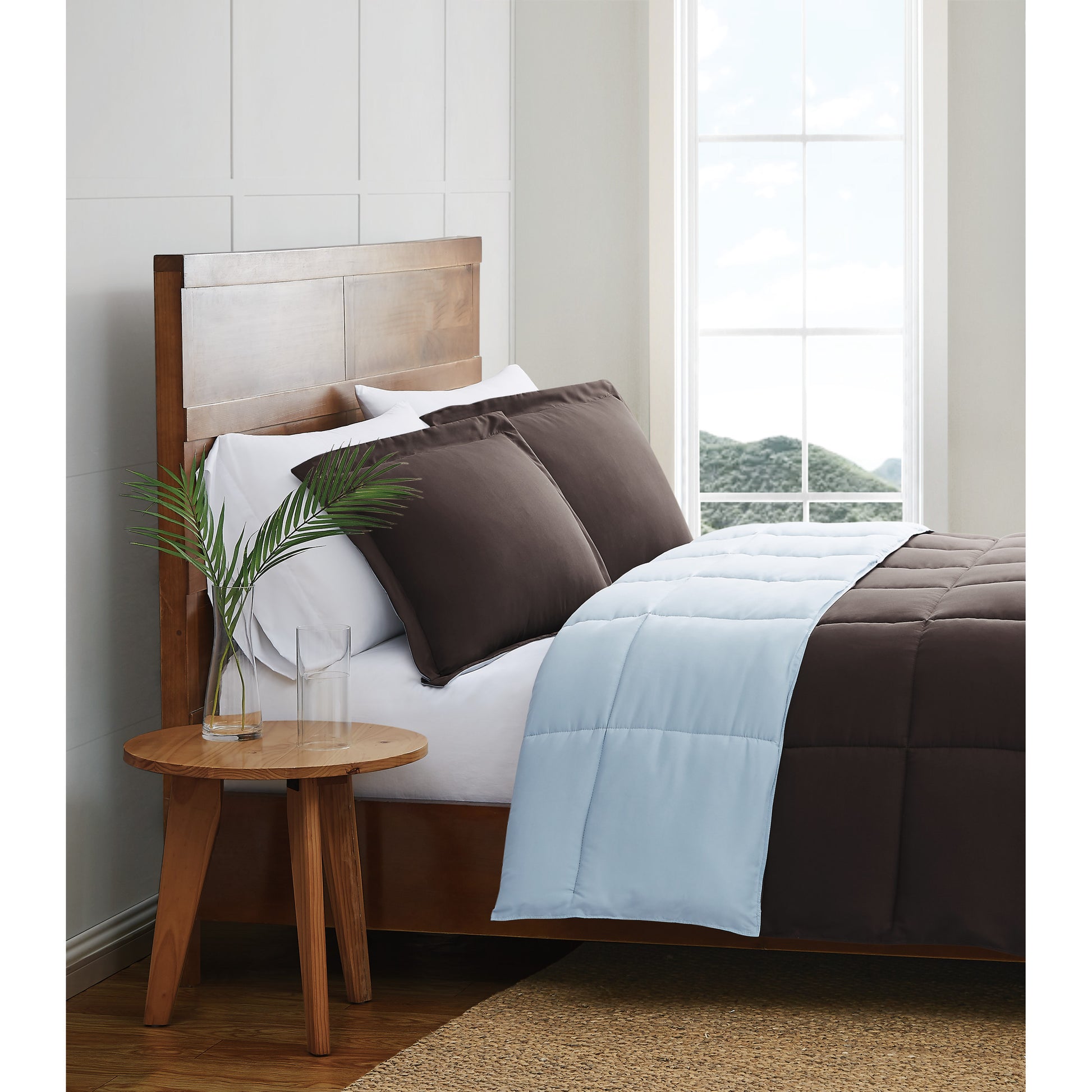 Truly Soft Everyday Reversible Solid Comforter Set Brown Light Blue Side View Room