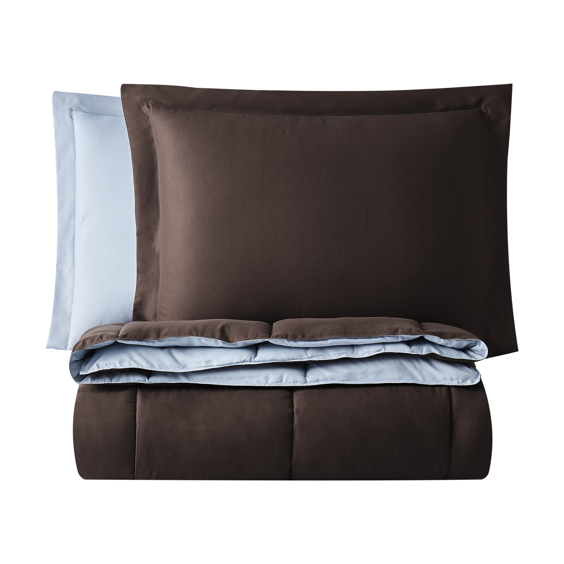Truly Soft Everyday Reversible Solid Comforter Set Brown Light Blue Folded Silo
