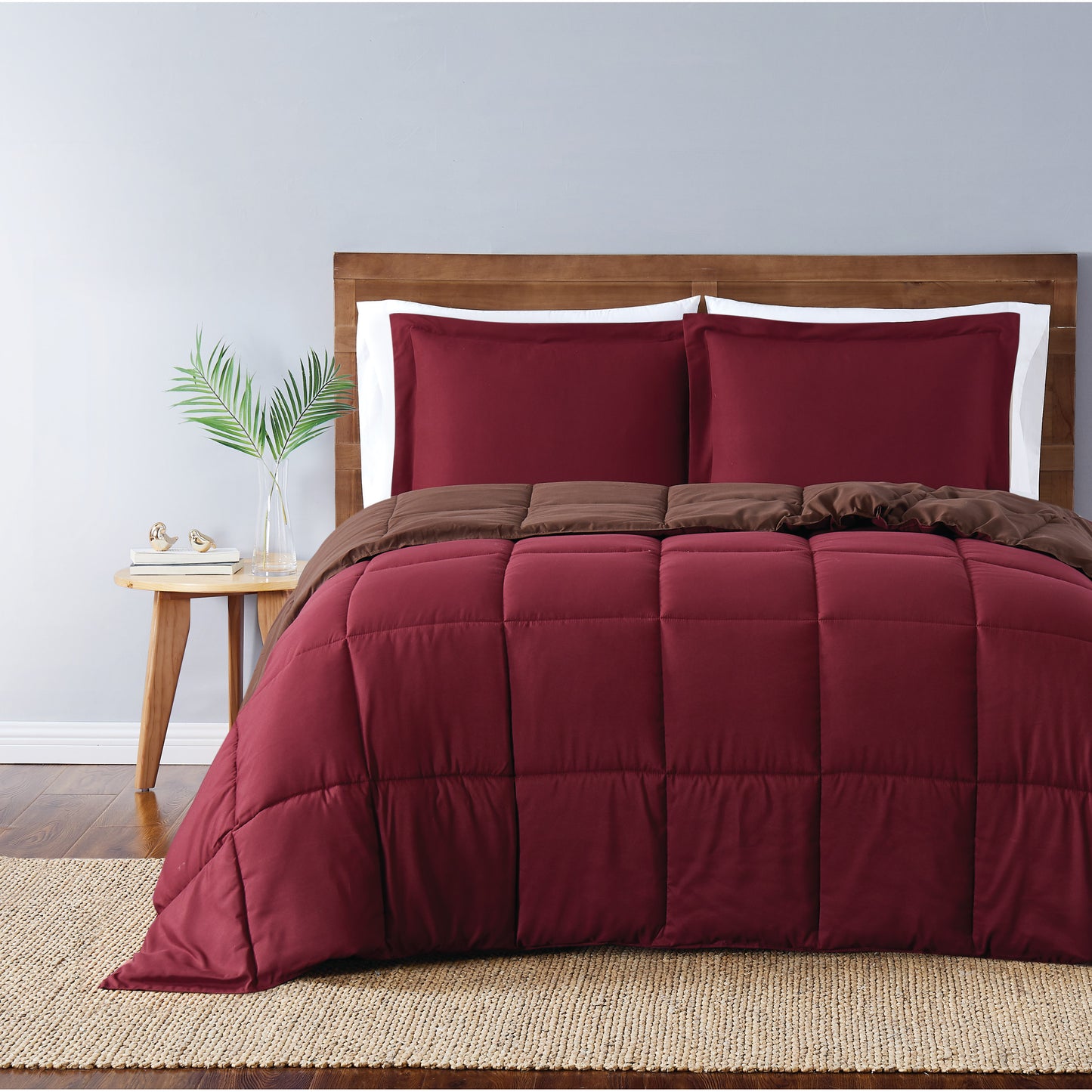 Truly Soft Everyday Reversible Solid Comforter Set Burgundy Red Brown Front View Room