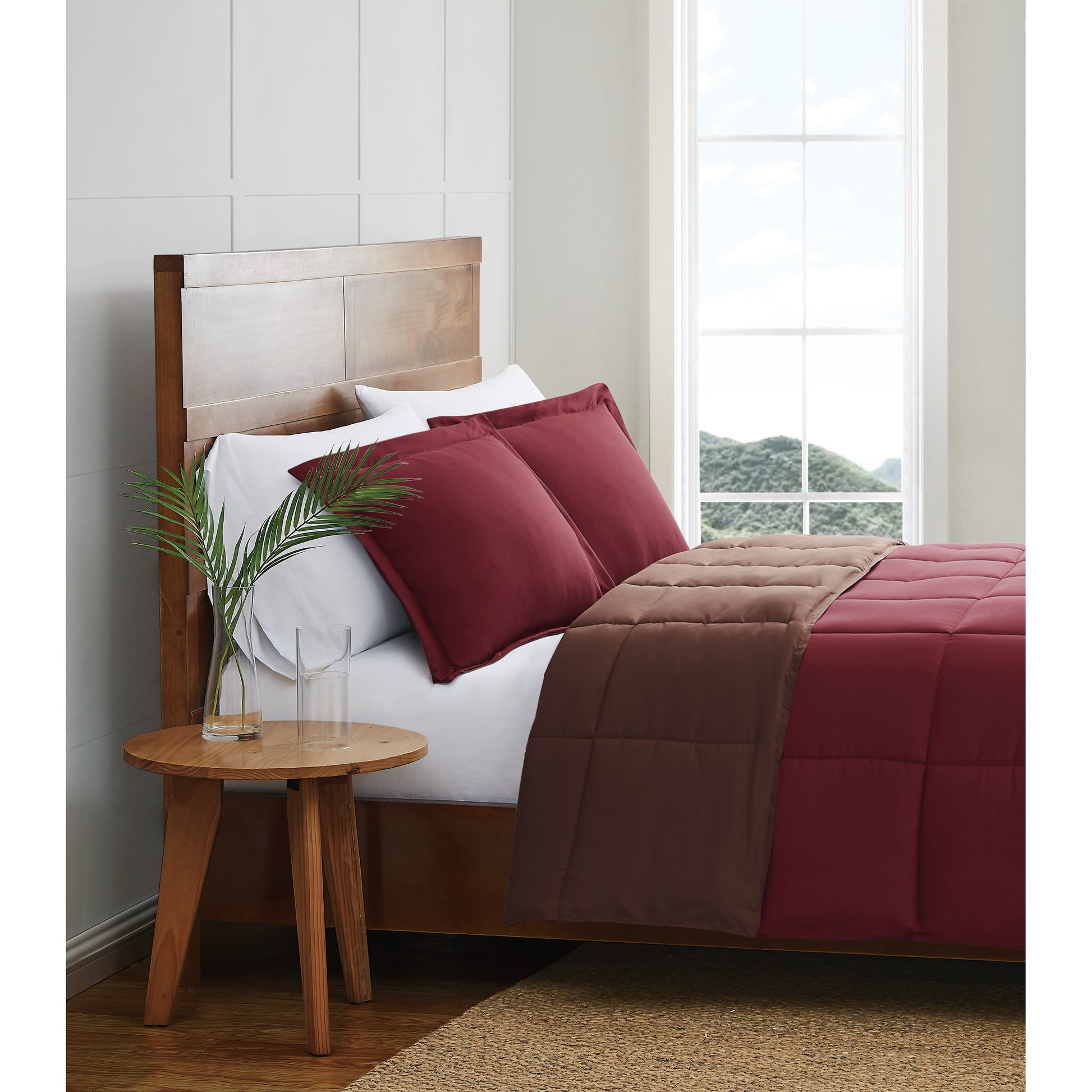 Truly Soft Everyday Reversible Solid Comforter Set Burgundy Red Brown Side View Room