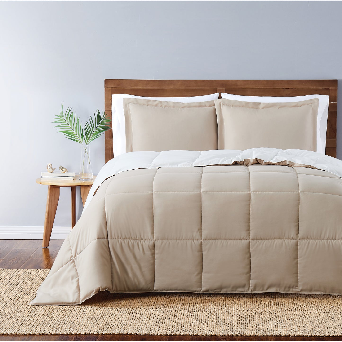 Truly Soft Everyday Reversible Solid Comforter Set Khaki White Front View Room