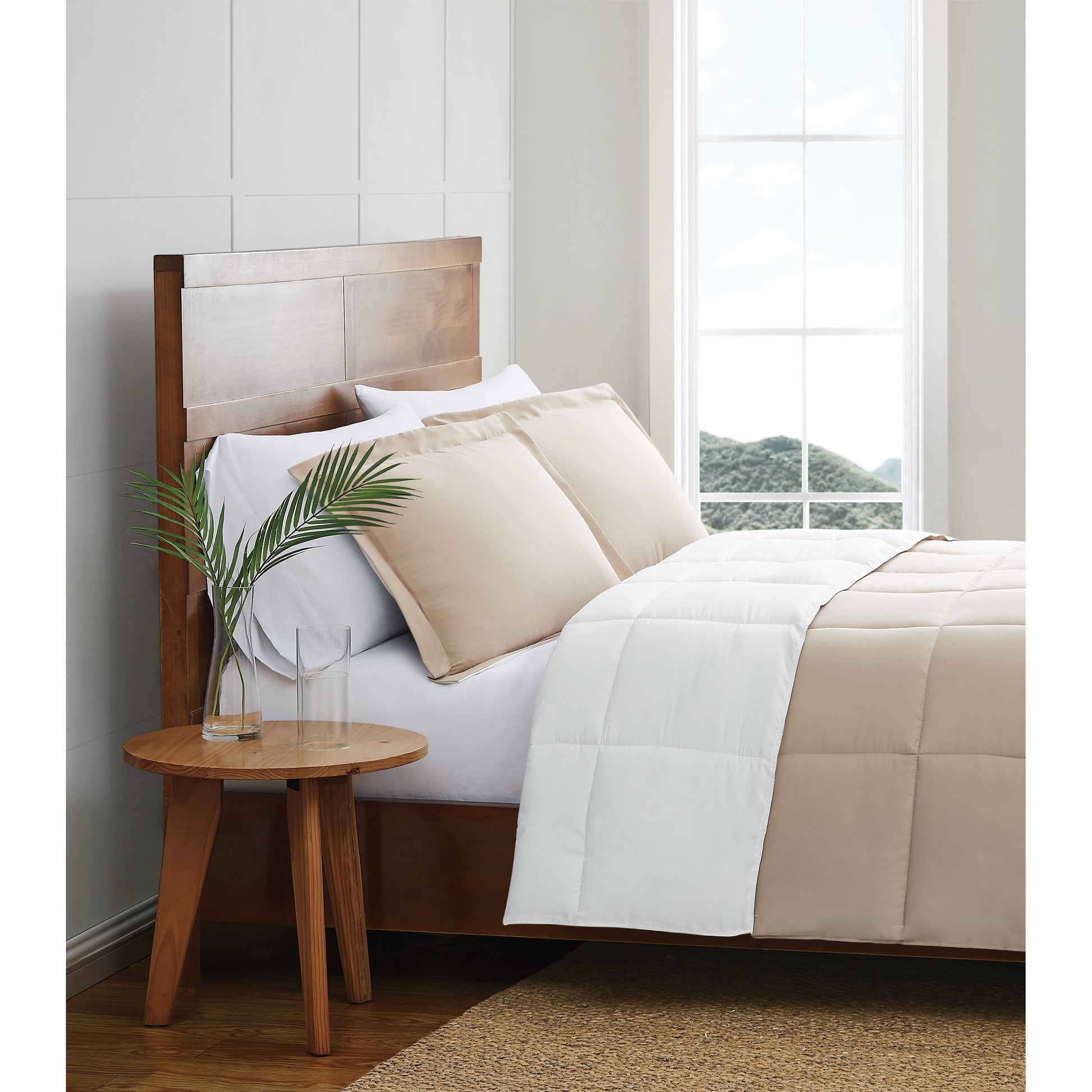 Truly Soft Everyday Reversible Solid Comforter Set Khaki White Side View Room