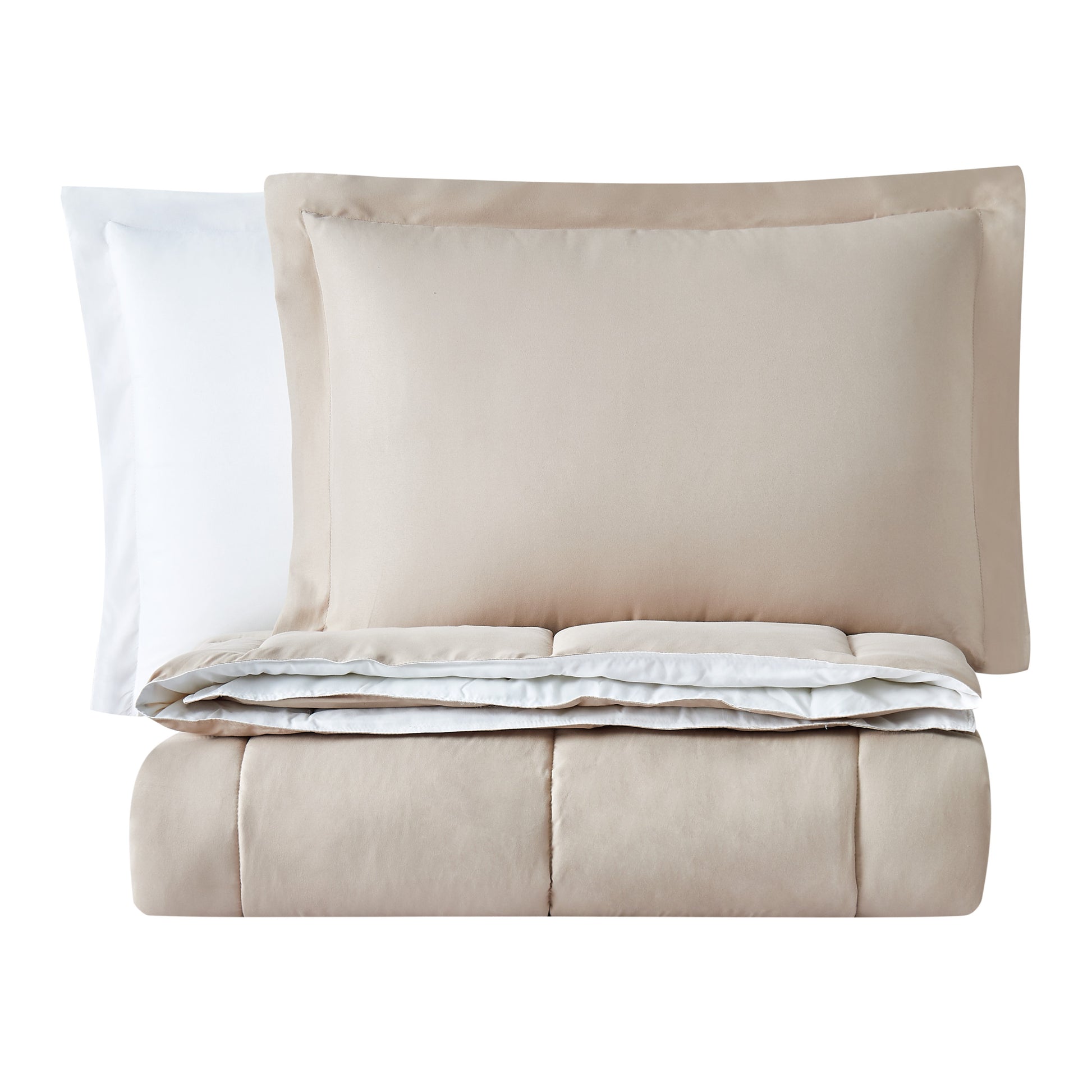 Truly Soft Everyday Reversible Solid Comforter Set Khaki White Folded Silo