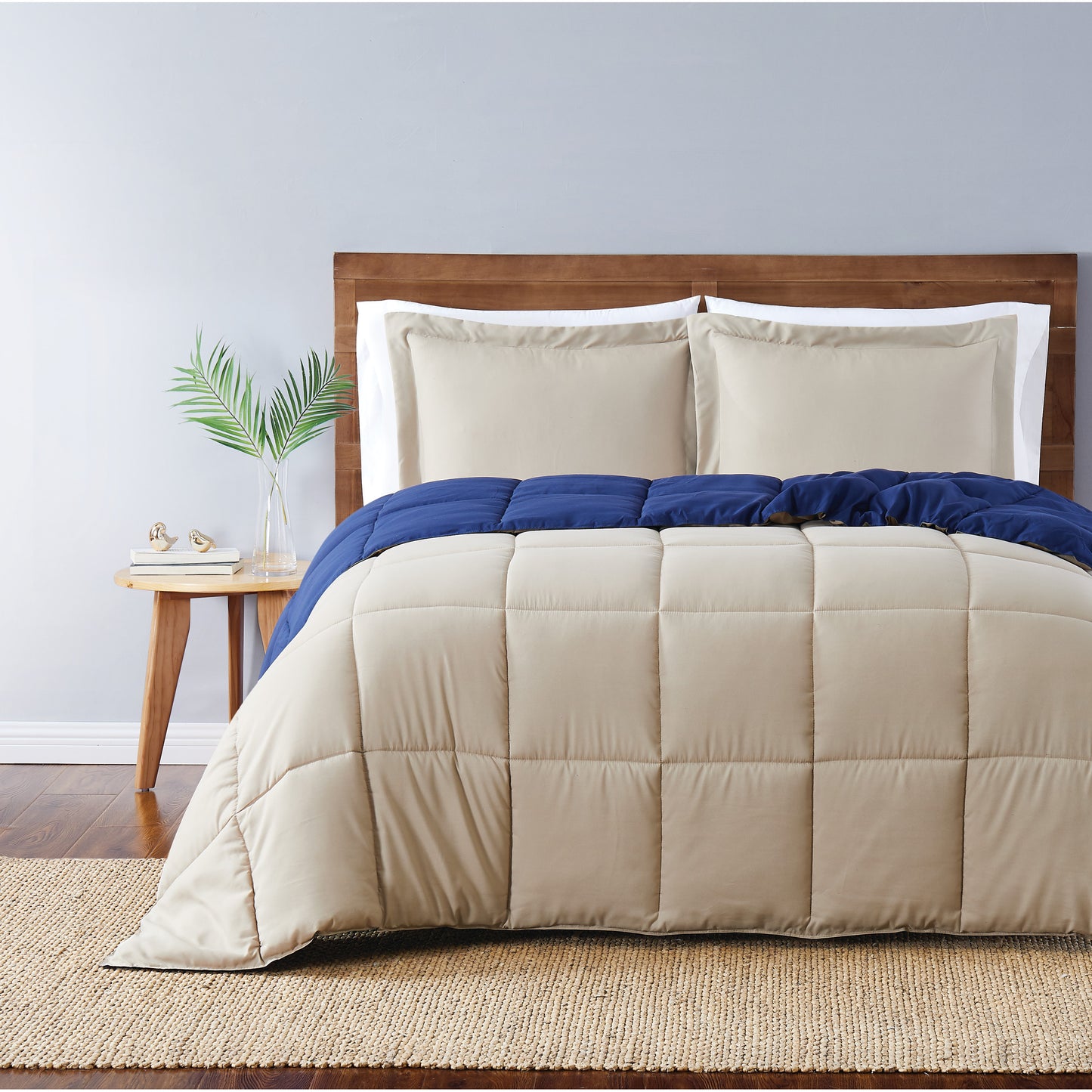 Truly Soft Everyday Reversible Solid Comforter Set Khaki Navy Blue Front View Room