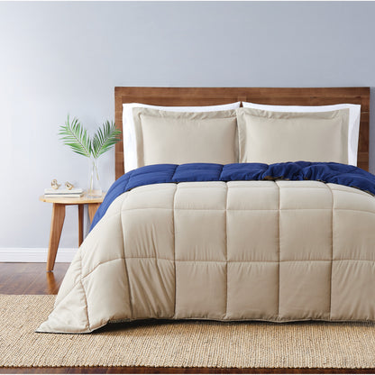 Truly Soft Everyday Reversible Solid Comforter Set Khaki Navy Blue Front View Room