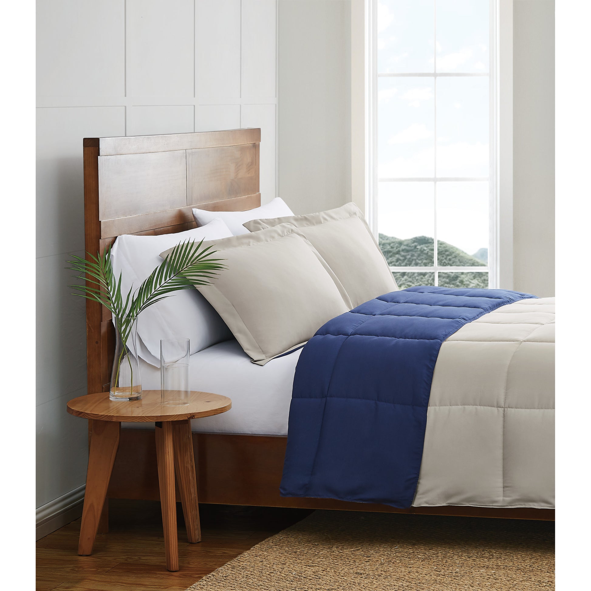 Truly Soft Everyday Reversible Solid Comforter Set Khaki Navy Blue Side View Room