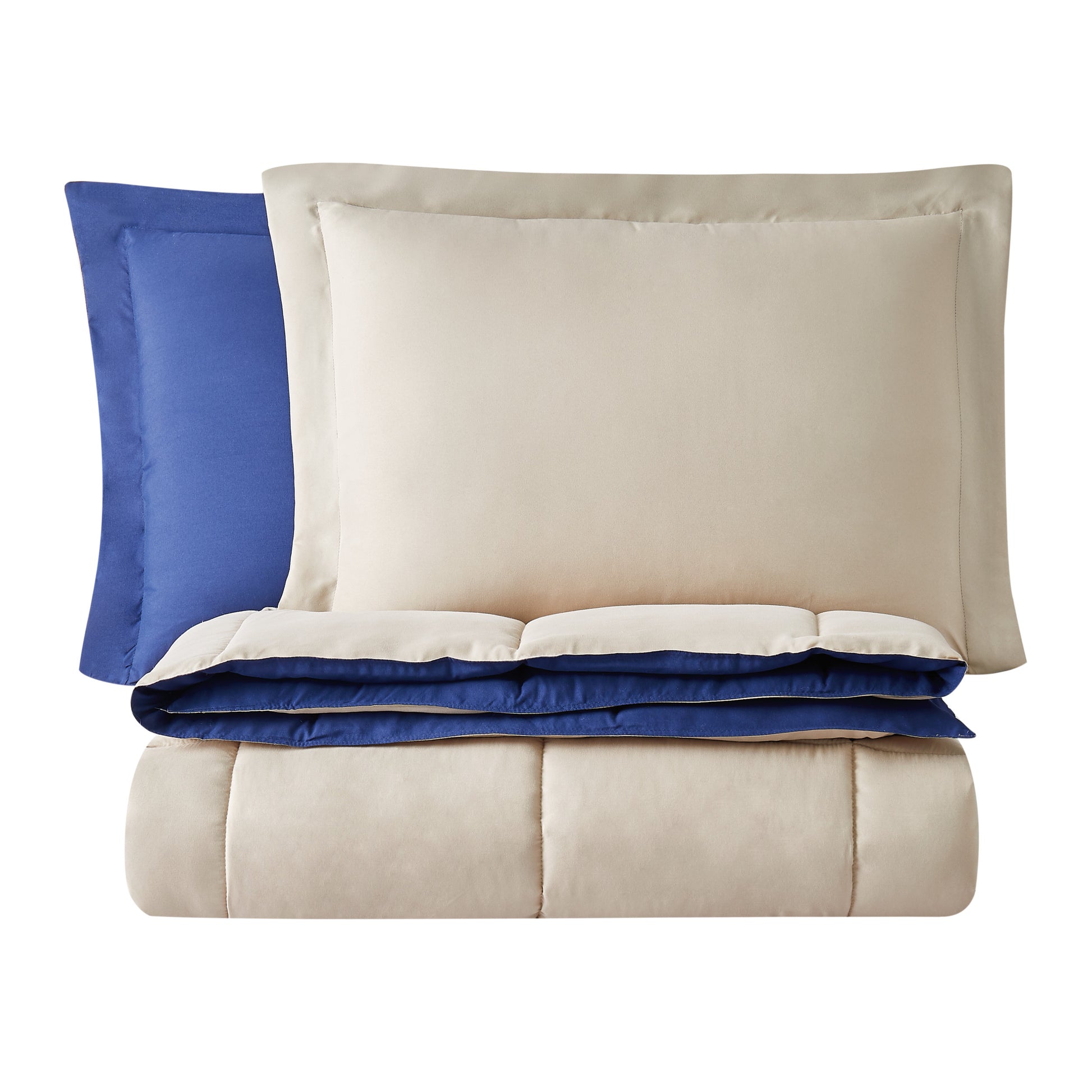 Truly Soft Everyday Reversible Solid Comforter Set Khaki Navy Blue Folded Silo