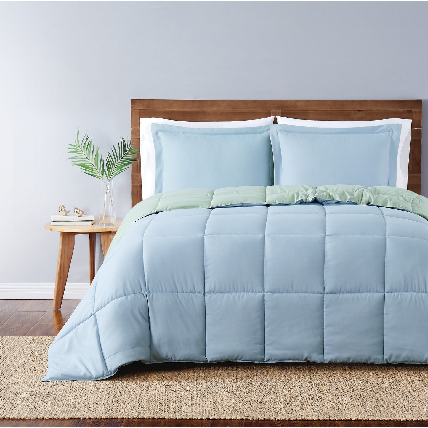 Truly Soft Everyday Reversible Solid Comforter Set Light Blue Sage Green Front View Room