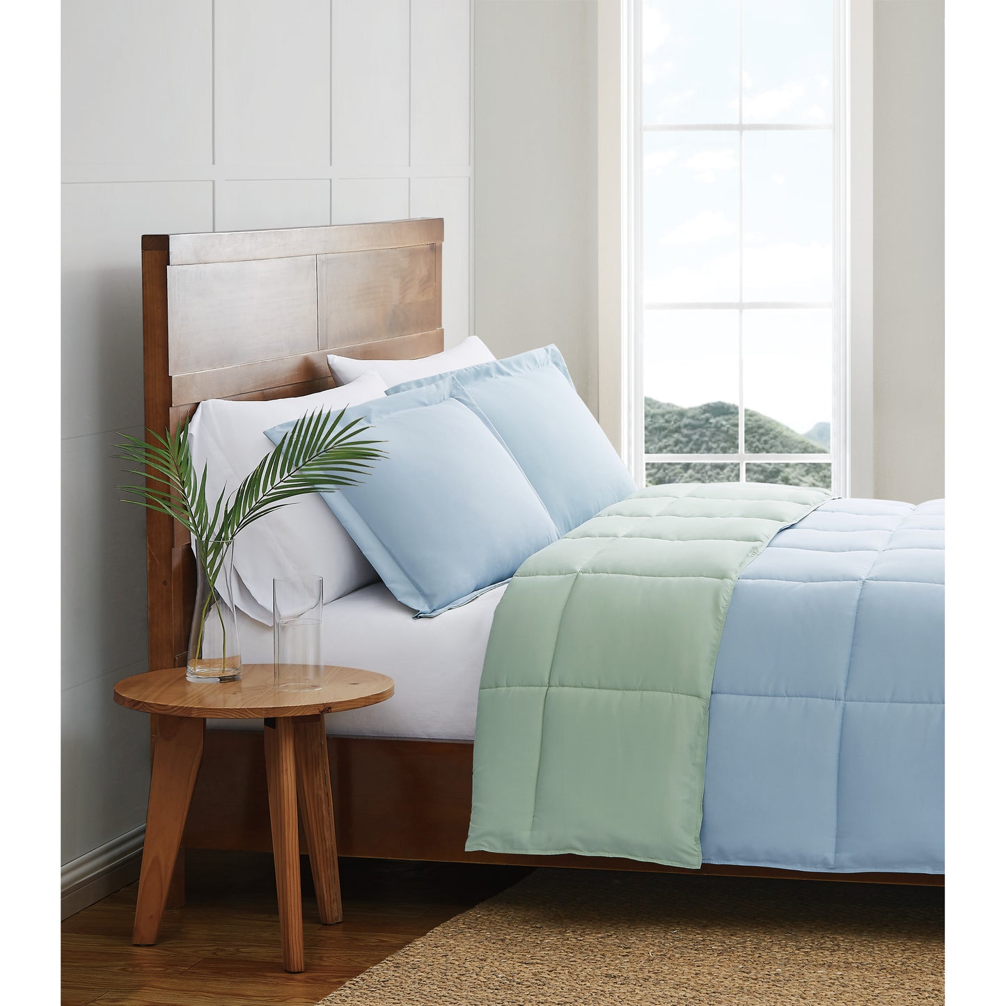 Truly Soft Everyday Reversible Solid Comforter Set Light Blue Sage Green Side View Room