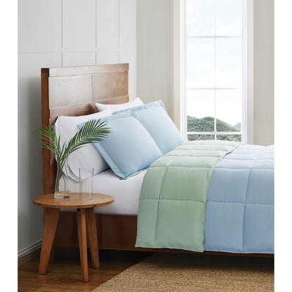 Truly Soft Everyday Reversible Solid Comforter Set Light Blue Sage Green Side View Room