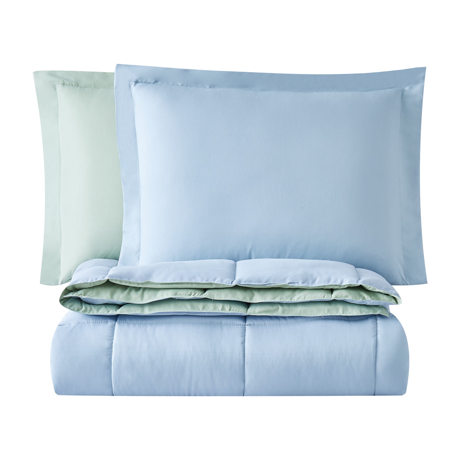 Truly Soft Everyday Reversible Solid Comforter Set Light Blue Sage Green Folded Silo