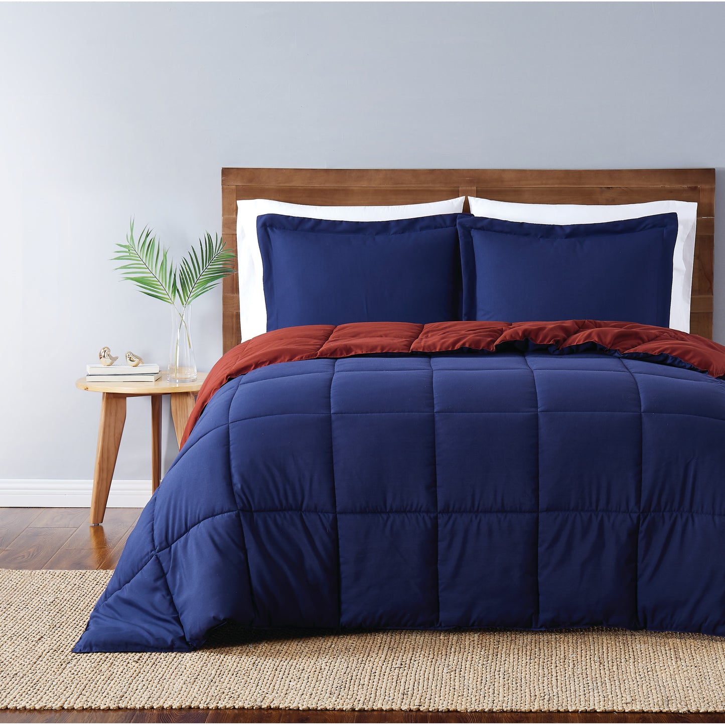 Truly Soft Everyday Reversible Solid Comforter Set Navy Blue Burgundy Red Front View Room