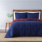 Truly Soft Everyday Reversible Solid Comforter Set Navy Blue Burgundy Red Front View Room