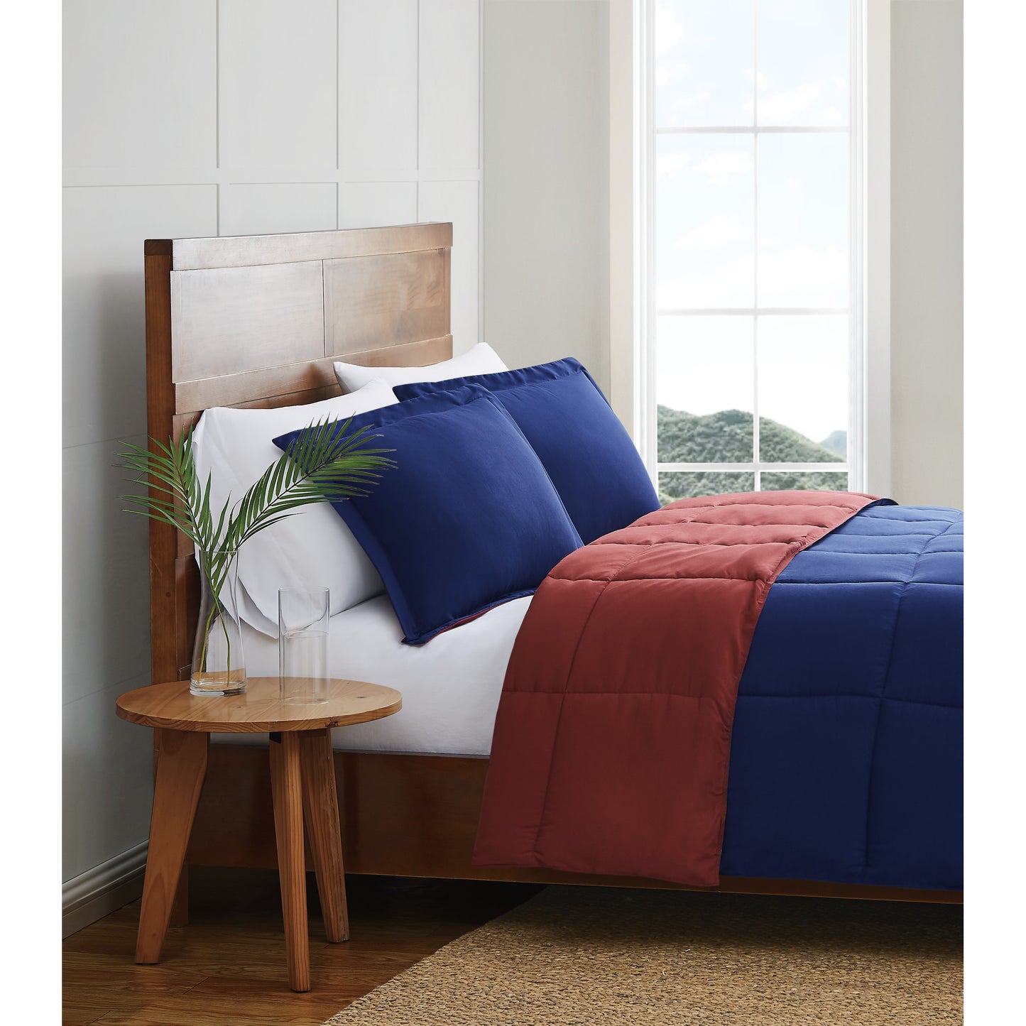 Truly Soft Everyday Reversible Solid Comforter Set Navy Blue Burgundy Red Side View Room